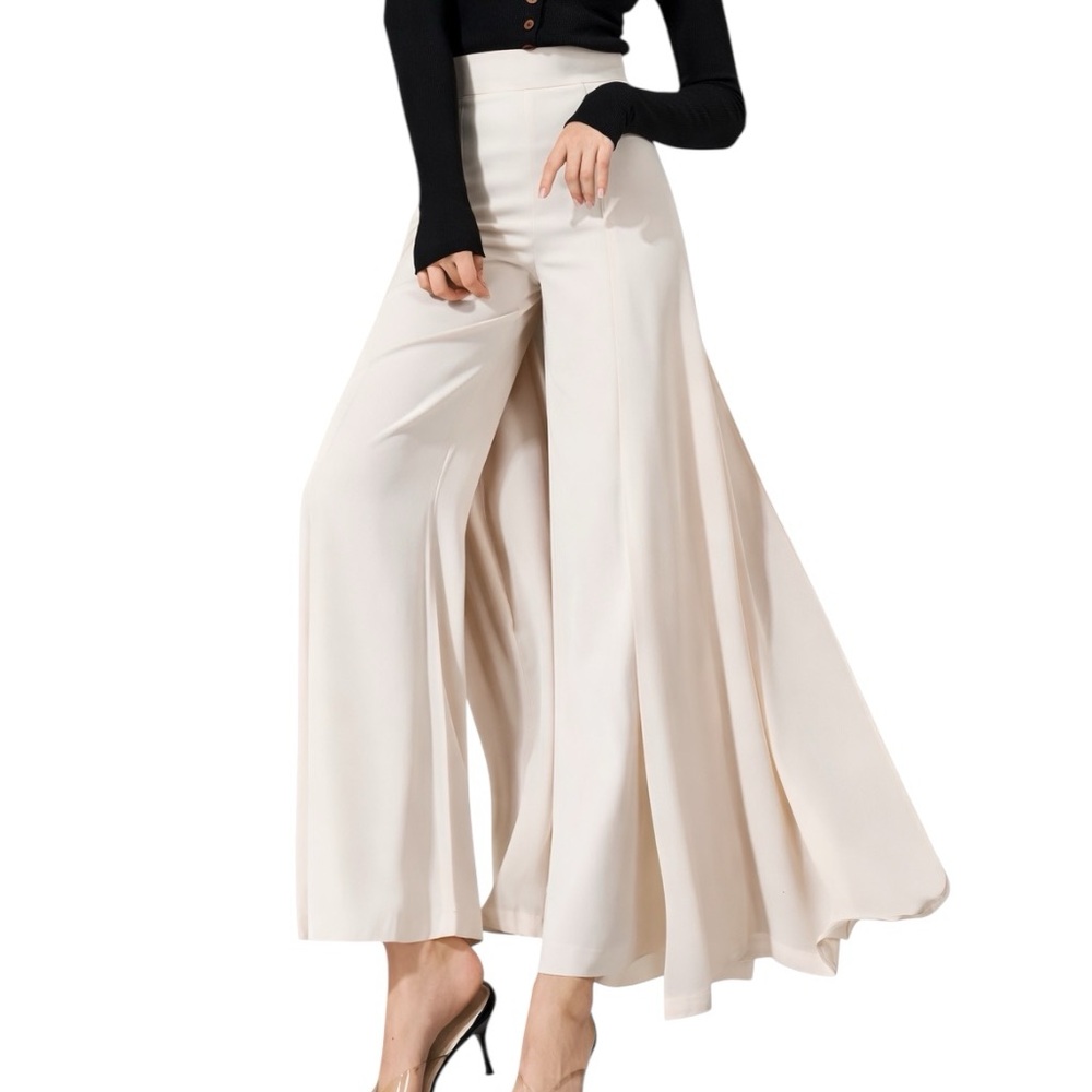Creamy Beige Chiffon Panel High Waist Pants The Zakira